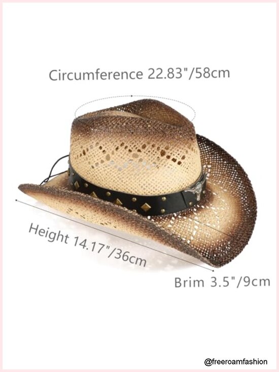 Straw Cowboy Hat with 3 Decorative Bands, Wide Brim Sun Protection